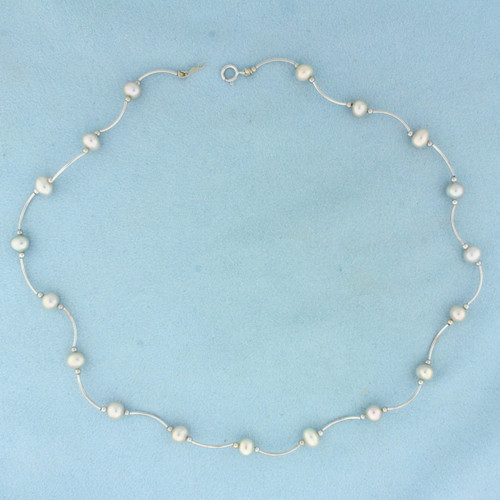 16 Inch Silver Pearl Station Choker Necklace in 14k White Gold