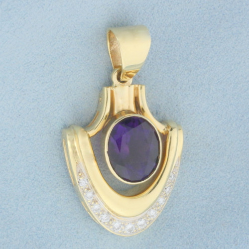 Vintage Amethyst and Diamond Pendant in 14k Yellow Gold