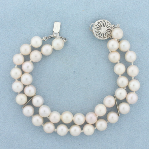 Akoya Pearl Double Strand Bracelet in 14k White Gold