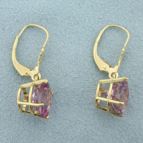Checkerboard Cut Pink Topaz Dangle Earrings in 14k Yellow Gold