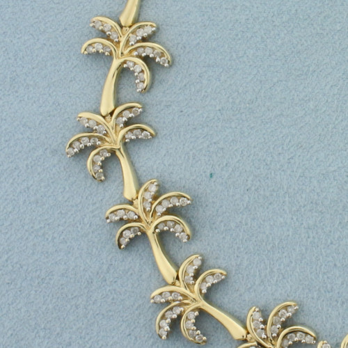 Diamond Palm Tree Link Bracelet in 14k Yellow Gold