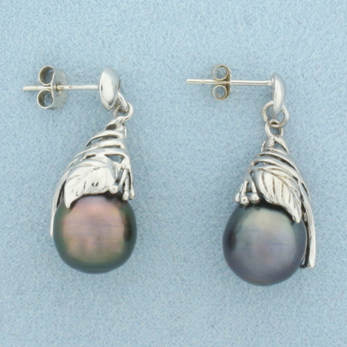 Tahitian Silver and Black Pearl Dangle Earrings in 14k White Gold