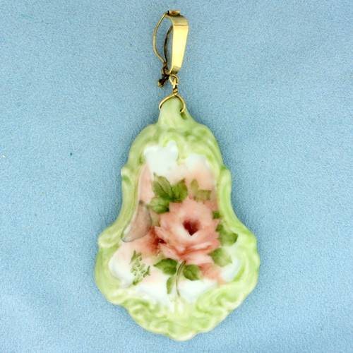Large Hand Painted Flower Porcelain Pendant  in 10k Yellow Gold