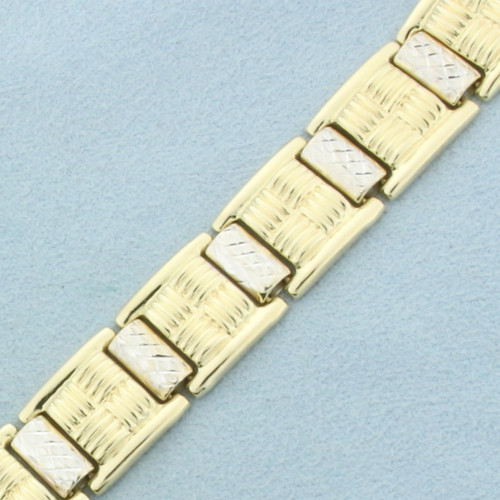 Diamond Cut Two Tone Basketweave Bracelet in 14k Yellow and White Gold