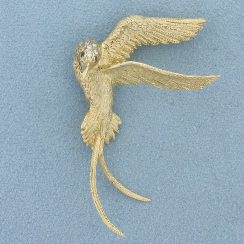 Hummingbird Emerald and Diamond Brooch Pin in 14k Yellow Gold