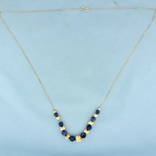 Italian Lapis Lazuli Ball Bead Necklace in 14k Yellow Gold