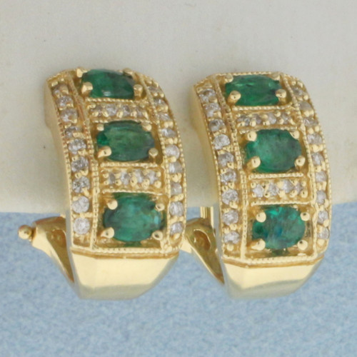 Emerald and Diamond J Hoop Earrings in 14k Yellow Gold