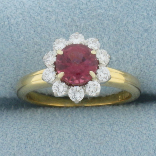 Vintage Rubellite and Diamond Halo Ring in 18k Yellow Gold