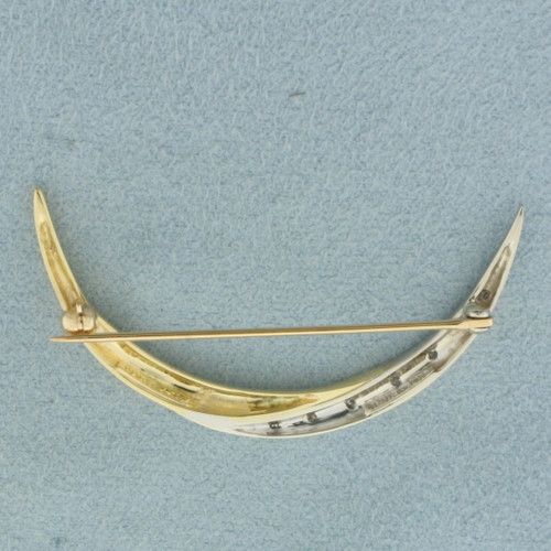 Vintage Diamond Crescent Moon Brooch Pin in 14k Yellow and White Gold