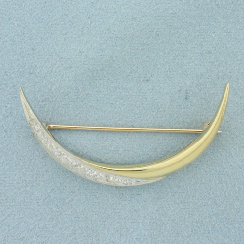 Vintage Diamond Crescent Moon Brooch Pin in 14k Yellow and White Gold