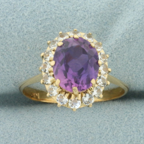 Lavendar and White Sapphire Halo Ring in 18k Yellow Gold