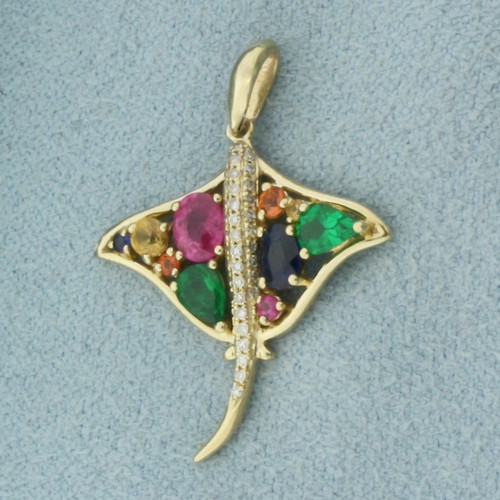 Effy Watercolors Sapphire and Diamond Stingray Pendant in 14k Yellow Gold