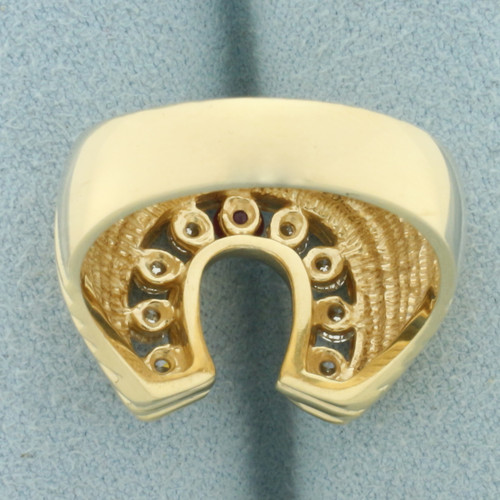 Mens Ruby and Diamond Lucky Horseshoe Ring in 14k Yellow Gold