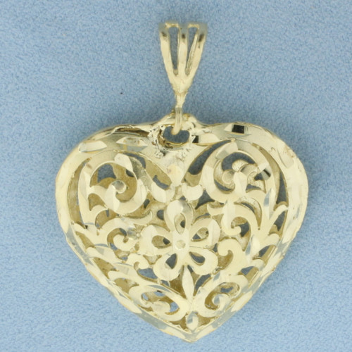 Diamond Cut Filigree Cutout 3D Heart Pendant in 14k Yellow Gold