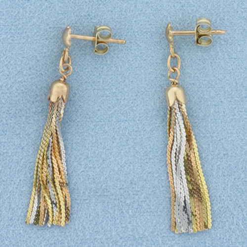 Tri-Color S-Link Chain Dangle Earrings in 14k Yellow, Rose, and White Gold