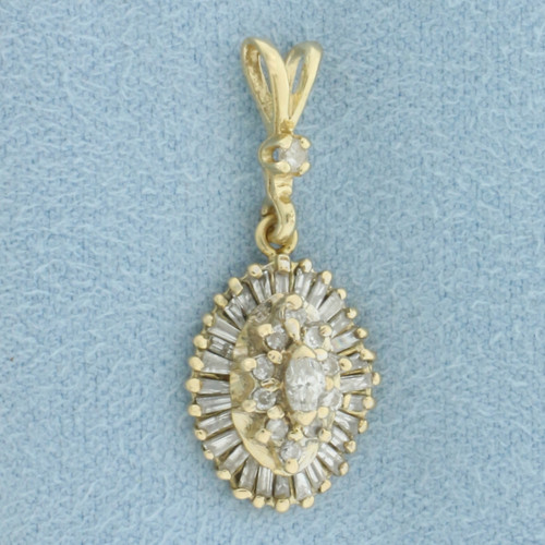 Baguette and Round Diamond Dangle Pendant in 14k Yellow Gold