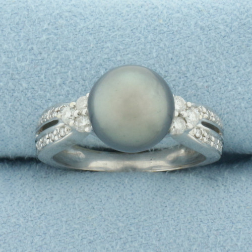 Tahitian Pearl and Diamond Ring in 14k White Gold