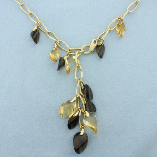 Italian Designer Smoky Topaz and Citrine Dangle Necklace in 14k Yellow Gold