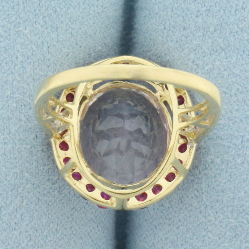 Kunzite Ruby and Diamond Halo Ring in 14k Yellow Gold