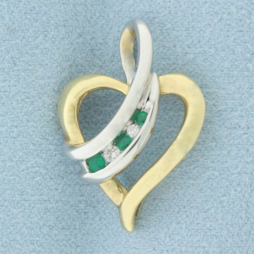 Emerald and Diamond Heart Pendant in 10k Yellow and White Gold
