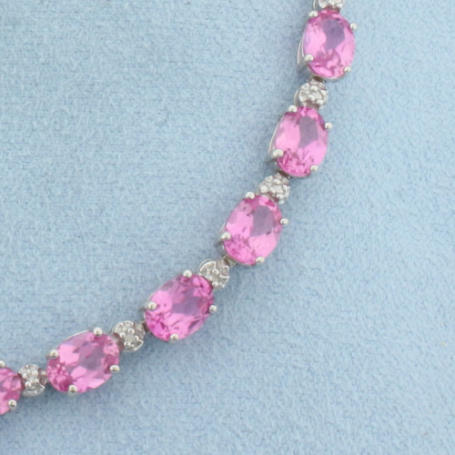 Pink Topaz and Diamond Tennis Bracelet in 10k White Gold