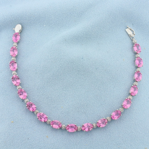 Pink Topaz and Diamond Tennis Bracelet in 10k White Gold