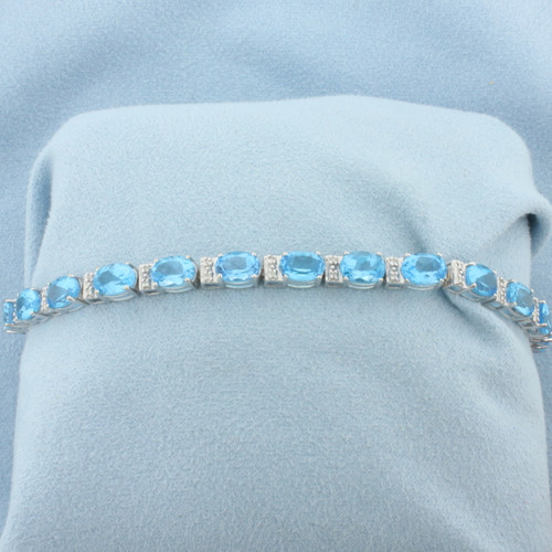 Swiss Blue Topaz and Diamond Tennis Bracelet in 14k White Gold