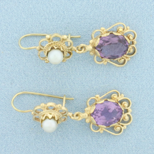 Amethyst and Cultured Pearl Dangle Earrings in 14k Yellow Gold