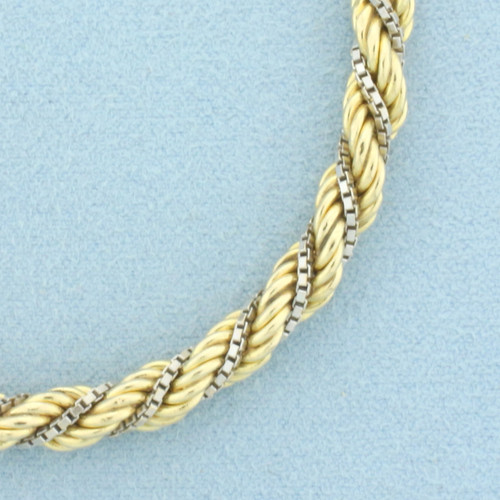 Two Tone Box and Rope Link Bracelet in 14k Yellow and White Gold