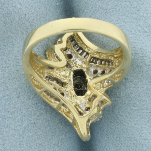 Round and Baguette Diamond Bypass Ring in 10k Yellow Gold