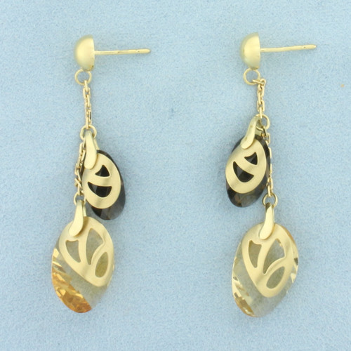 Italian Designer Smoky Quartz and Citrine Dangle Earrings in 14k Yellow Gold