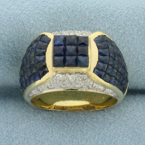 Invisible Set Sapphire and Diamond Pave Ring in 18K Yellow Gold