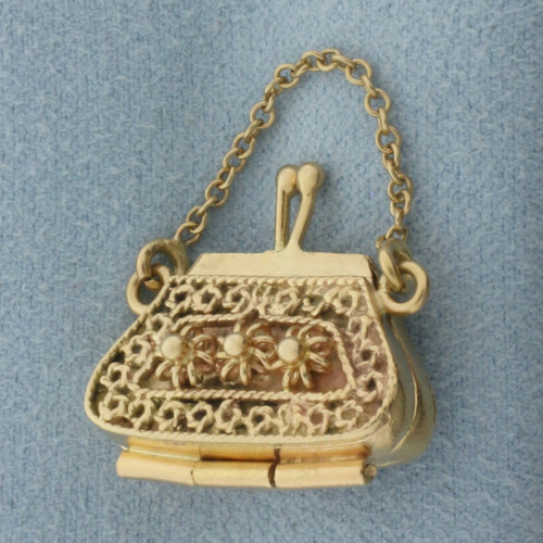 Vintage Purse Hand Bag Charm in 14k Yellow Gold