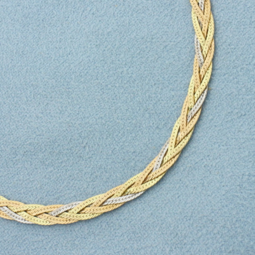 Tri-Color Italian Braided Herringbone Bracelet in 14k Yellow, White, and Rose Gold