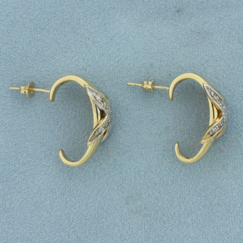 Diamond Half Hoop X Design Earrings in 14k Yellow Gold