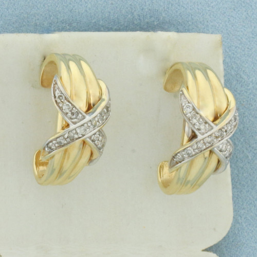 Diamond Half Hoop X Design Earrings in 14k Yellow Gold