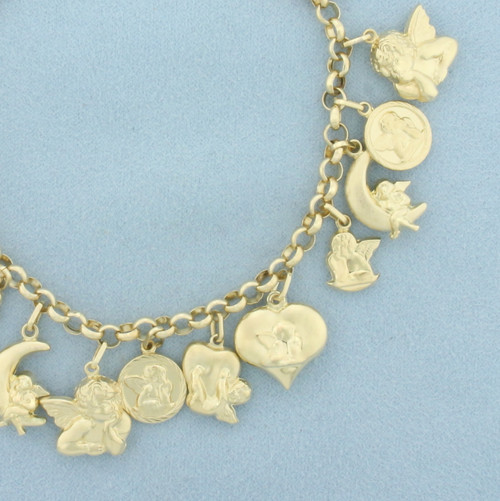 Italian Angel Cherub Charm Heart Moon Bracelet in 14k Yellow Gold