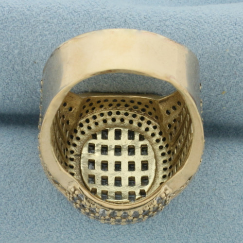 Mens Emerald and Round Cut CZ Statement Ring in 14k Yellow Gold