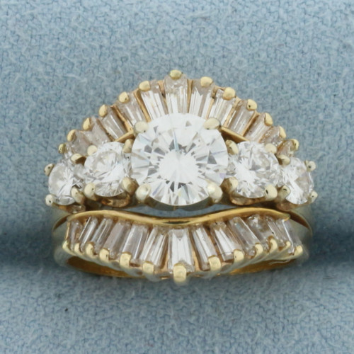 Vintage Round and Baguette Diamond Engagement Ring in 14k Yellow Gold