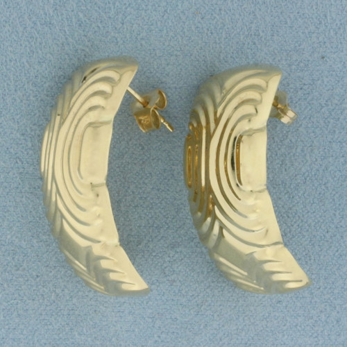 Designer Water Ripple Design J-Hoop Earrings in 14k Yellow Gold