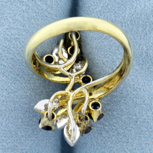 Sapphire and Diamond Branch Design Bypass Ring in 14K Yellow Gold