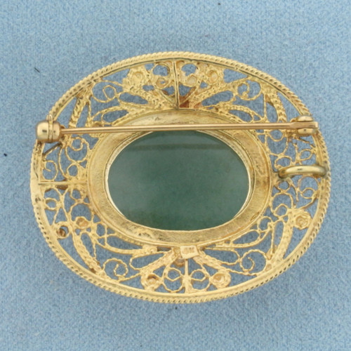 Vintage Designer Jade Filigree Pendant or Pin in 14K Yellow Gold
