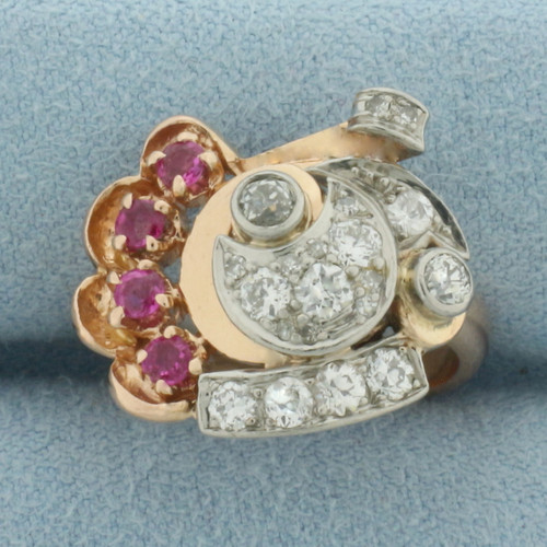 Antique Ruby and Old European Diamond Ring in 14k Rose Gold
