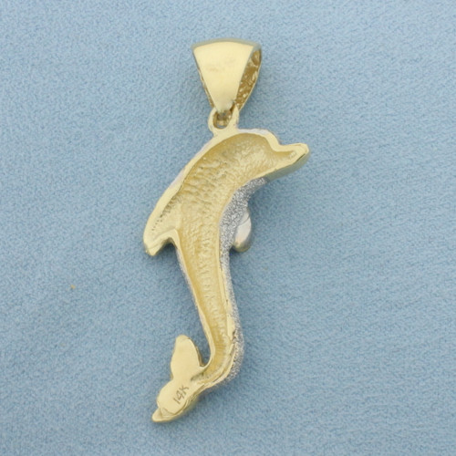 Dolphin Pendant Sandblast Finish in 14k Yellow and White Gold