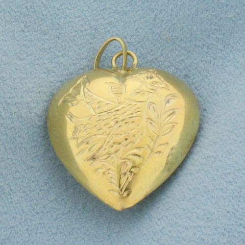 Etched Bird 3-D Heart Pendant or Charm in 14k Yellow Gold