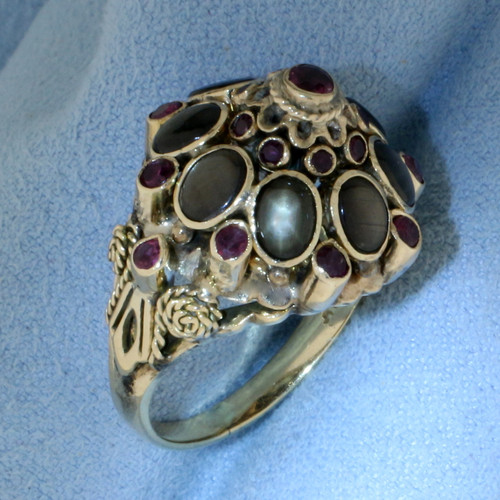 Ruby and Black Star Sapphire Thai Princess Ring in 14K Yellow Gold