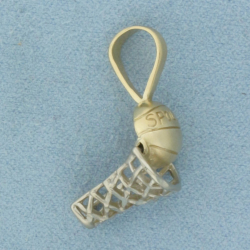 Basketball and Hoop Mechanical Pendant in 14k Yellow and White Gold