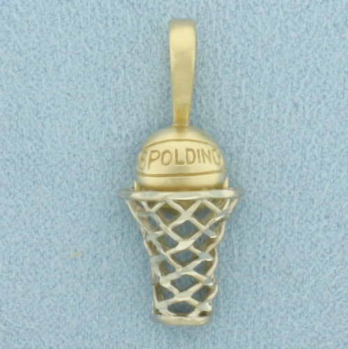 Basketball and Hoop Mechanical Pendant in 14k Yellow and White Gold