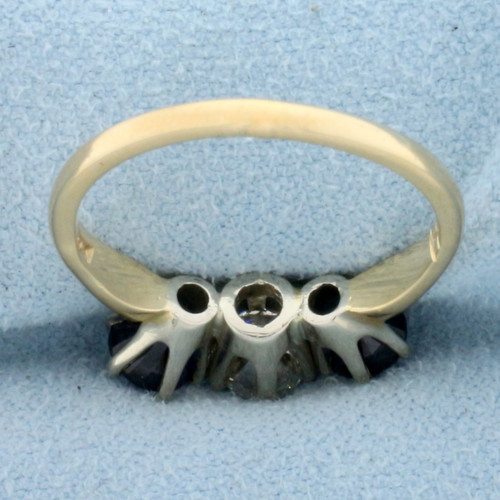 Antique Three Stone Sapphire and Diamond Ring in 14K Yellow and White Gold