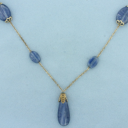 Blue Kyanite Station Dangle Necklace in 14k Yellow Gold